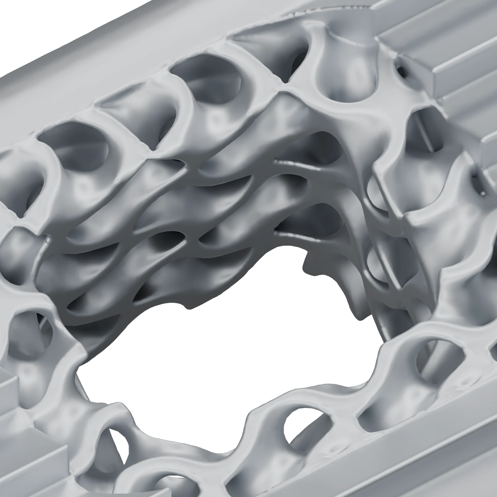 Close-up of the gyroid lattice core seen through the graft window