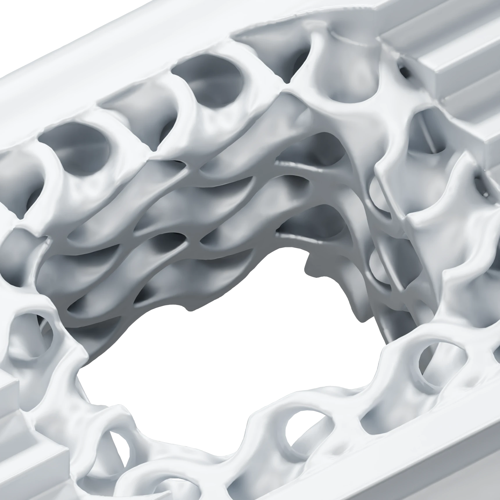 Close-up of the gyroid lattice core seen through the graft window